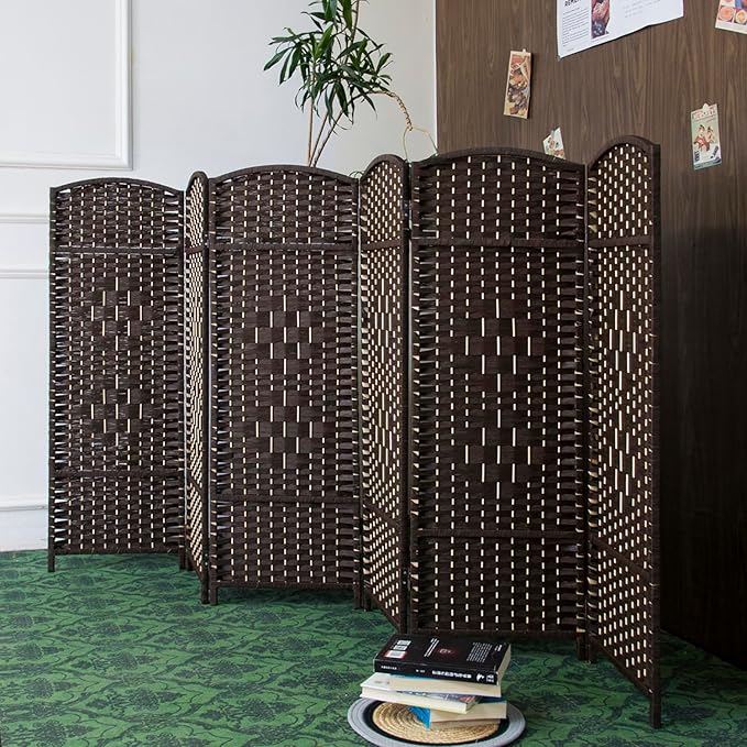 6 Panel Rattan Divider Short Room Partition Screen,Double Sided Folding Divider for Room Separation,Dark Brown,47.2" H x 94.5" W