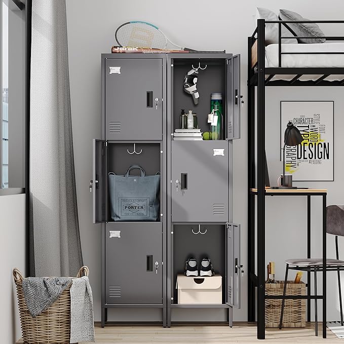 METAN Metal Storage Employees Lockers with 3 Lockable Doors and Hooks,66''H*16''W*16''D Locking Storage Cabinets for Small Spaces,Home,School,Gym,Assembly Required,Dark Gray
