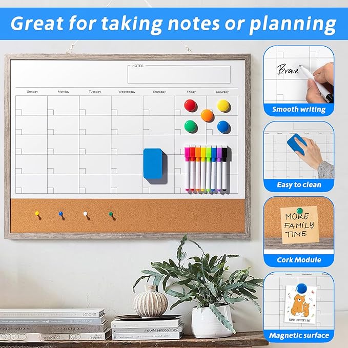 Dry Erase Calendar Whiteboard, 24" x 18" Magnetic Whiteboard Cork Board Combo, Reusable Monthly Planner with 8 Markers, Eraser, Magnets and Pushpins, Hanging Dry Erase Board for Home, School - Gray