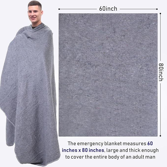 Preboun 3 Pieces Wool Camping Blanket Bulk 60" x 80" Military Wool First Aid Fire Retardant Blanket Queen for Outdoors Camping Stadium Picnics Travel Car Survival Kits(Light Gray)