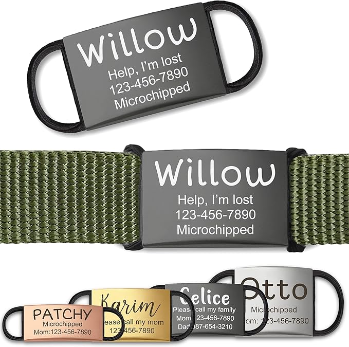 Anavia Slide On Silent Pet ID Tags, S/M/L/XL Personalized Stainless Steel Cat Dog Tag with Elastic Fabric Band, Engraved Nameplate Quiet Chew-Proof Pet Collar Tag (Black, X-Large)