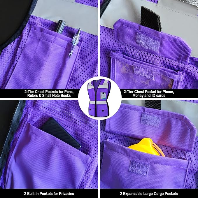 TCCFCCT Safety Vest for Women 11 Pockets Mesh Reflective Vest with Zipper, High Visibility Neon Construction Work Vest for Lady Surveyors/Warehouse, Snug-Fit, Durable, ANSI Compliant, Purple XXL