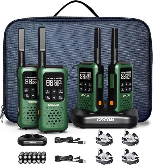 GOCOM G9 IP67 Waterproof Two Way Radios, 2 Way radios Outdoor Adventure NOAA Weather Alert & SOS Emergency Lamp Adult Walkie Talkies Long Range Rechargeable (G9 - Suitcase 4 Pack)