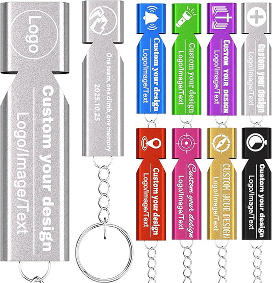 10Pcs Custom Emergency Whistles, Personalized Aluminum Safety Survival Whistle with Keychain, Engraved Name or Logo, Double Tube High Pitch for Outdoor Camping, Hiking, Boating, Fishing