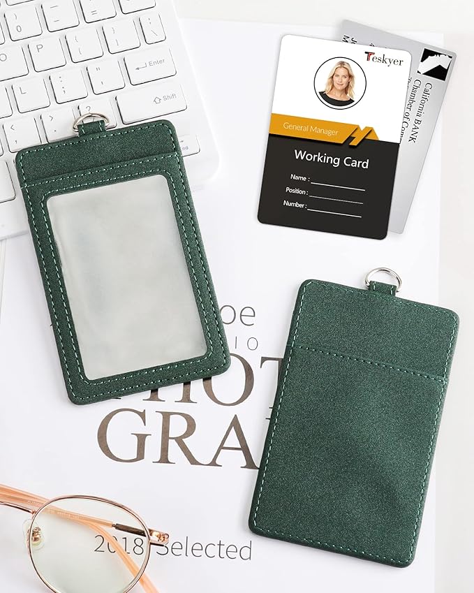 Teskyer Badge Holder with Lanyard, Leather ID Name Badge Card Holder with Lanyard for ID Badges, Vertical, Starry Dark Green