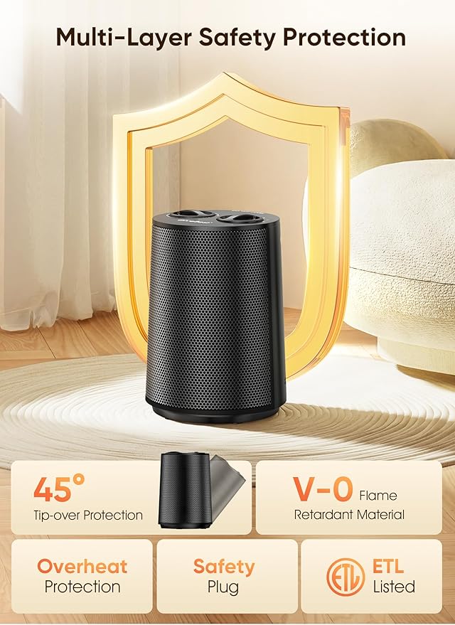GiveBest Space Heater, 1500W Portable Heaters for Indoor Use, PTC Ceramic Heater with Heating and Fan Modes, Overheat & Tip-Over Protection, Ideal for Bedroom, Office & Desk Use, Black