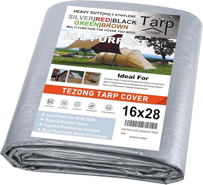 Tarps Heavy Duty Waterproof 16x28ft,TEZONG Silver Tarp 12Mil Plastic Tarpaulin Outdoor Tarp Cover for Emergency Rain,Patio Furniture,Wood,Roof,Camping,Car,Pool