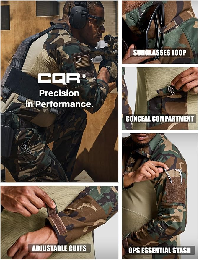 CQR Men's Combat Shirt Tactical 1/4 Zip Long Sleeve Military BDU Shirts Camo EDC Top with Pockets