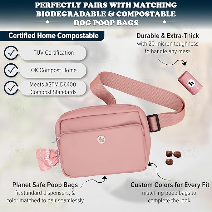 Puppington 3-in-1 Crossbody Dog Treat Pouch for Pet Training - Compostable Poop Bags, Built-In Poop Bag Dispenser, Slow-Feeding Travel Dog Bowl & Reflective Leash - Dog Walking Bag (Blush Pink)