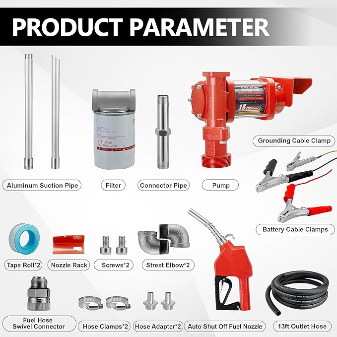 15GPM 12V Fuel Transfer Pump with Discharge Hose, Automatic Nozzle, Premium Filter Package, Suitable for Gasoline, Diesel, Kerosene, Ethanol & Methanol Blends