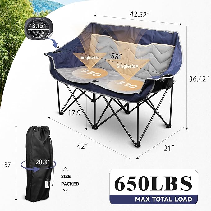 Double Camping Chair, Padded Loveseat Camping Couch, Oversized 2 Person Camp Chairs with Carry Bag,Heavy Duty Folding Lawn Chair for Adults Portable Outdoor Folding Sofa for Patio Backyard, Blue