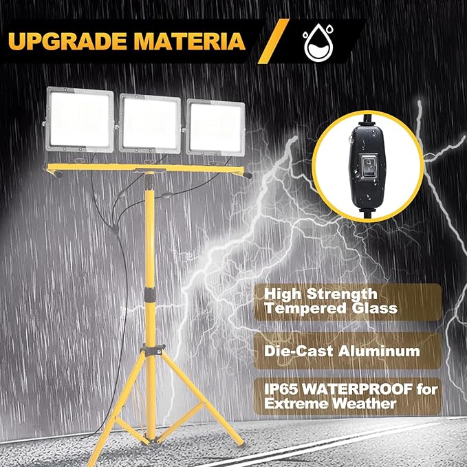 27000 Lumen LED Work Light with Stand, 3-Head Adjustable Tripod Lights with 16.5FT Extended Cord, IP65 Waterproof Work Lamp for Indoor & Outdoor Job Sites, Workshops, Construction, Garage Lighting