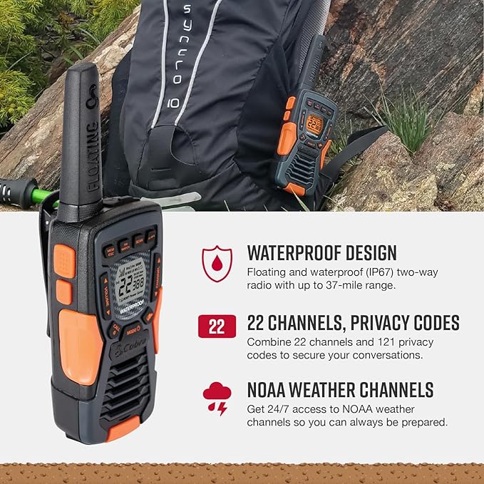 Cobra CXT10953PH-M Emergency Two-Way Radios, Waterproof Walkie Talkies, Up to 40 Mile Range, 22 Channels and NOAA Weather Channels, UHF/FM Ultra-Clear Reception, 3-Pack