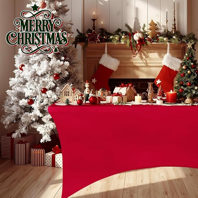 IVAPUPU 2 Pack 6FT Table Cloth for Rectangular Fitted Events Stretch Red Table Covers Washable Spandex Christmas Tablecloth Protector for Party, Wedding, Cocktail, Banquet, Festival