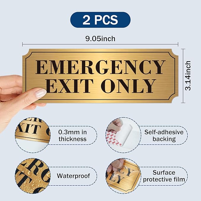 2PCS Emergency Exit Only Signs Sticker，Self Adhesive Water & Fade Resistant Black Gold Exit Only in Emergency Sign for Business, Schools, Offices, Storage Rooms, Hospitals