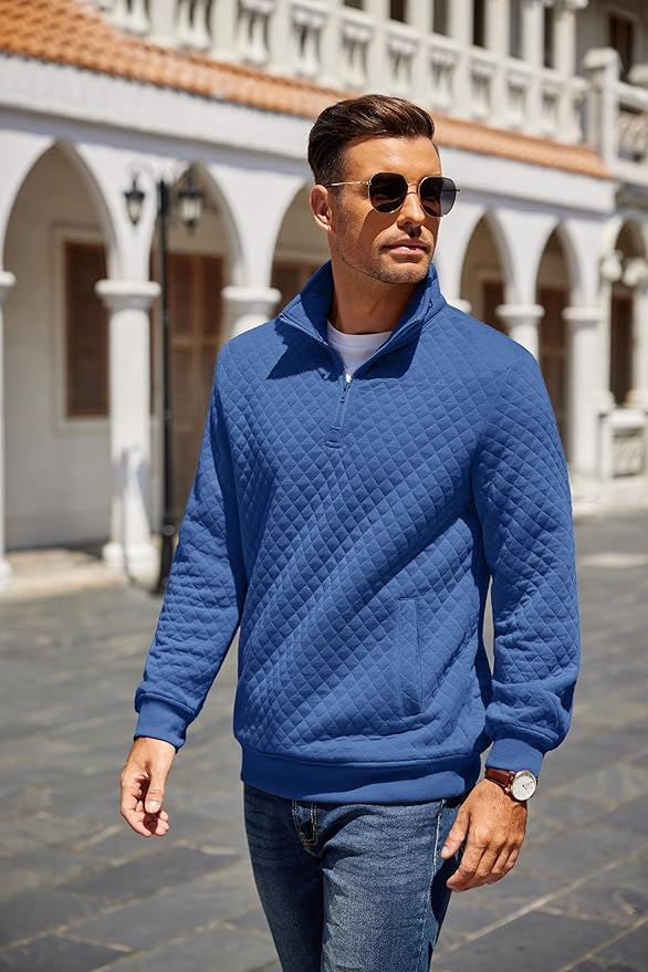 COOFANDY Mens Quarter Zip Pullover Quilted Sweatshirt Knit Long Sleeve Mock Neck Sweater Polo with Pocket