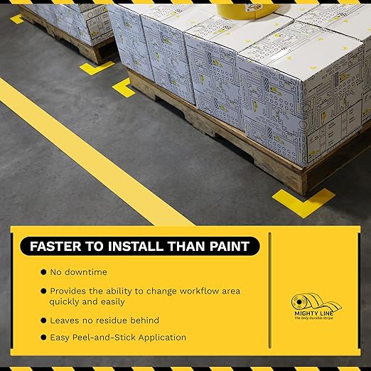 Mighty Line Solid Floor Marking Tape for Safety, Caution, Warning, Heavy-Duty, Peel and Stick Adhesive, Beveled Edge Design, Industrial Quality, 3 inch, 100' Roll, Yellow