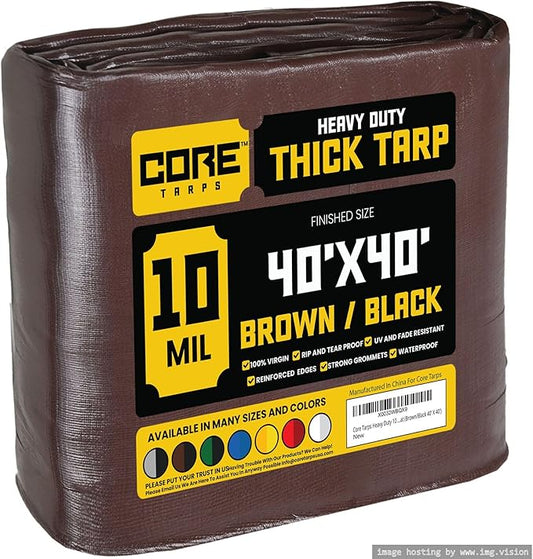 Core Tarps Heavy Duty 10 Mil Tarp Cover, Waterproof, UV Resistant, Rip and Tear Proof, Poly Tarpaulin with Reinforced Edges for Roof, Camping, Patio, Pool, Boat (Brown/Black 40′ X 40′)