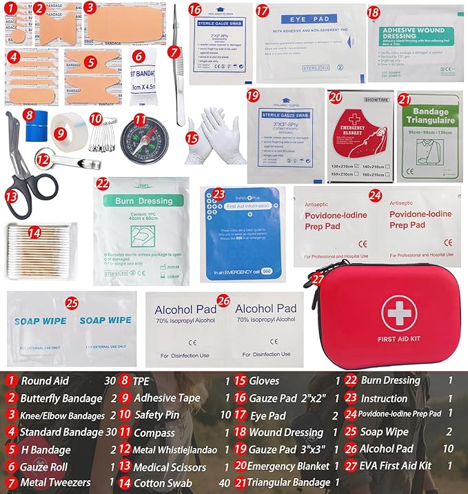 First Aid Kit 150 Piece Emergency Kit for Home, Camping, Cars, Hiking, Travel, Outdoor, Adventure Portable Survival IFAK Kits (Red)