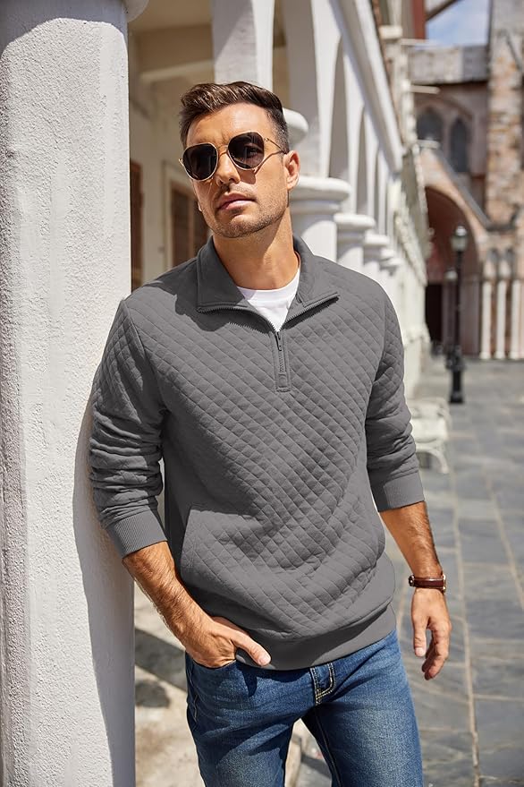 COOFANDY Mens Quarter Zip Pullover Quilted Sweatshirt Knit Long Sleeve Mock Neck Sweater Polo with Pocket