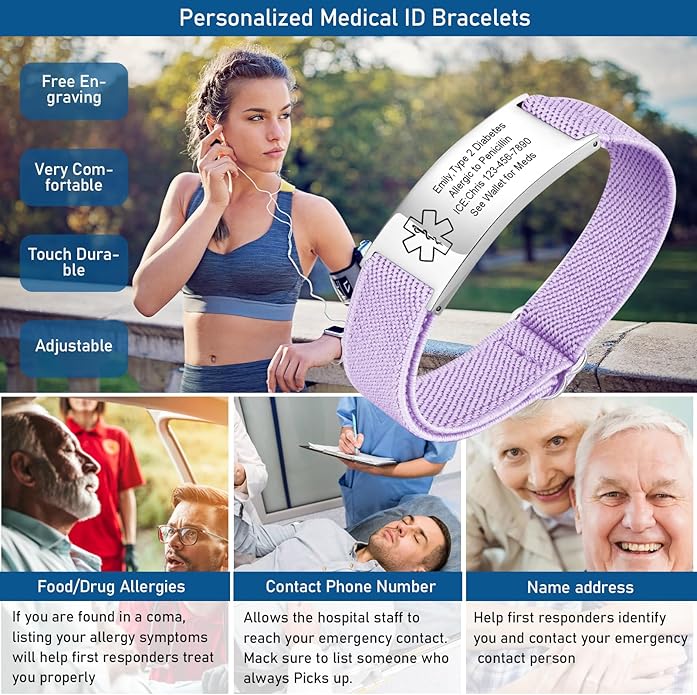 VNOX Medical Alert Bracelets for Men & Women Kids with Free Engraving Adjustable Stainless Steel Mesh Emergency Medical ID Bracelets Wristband