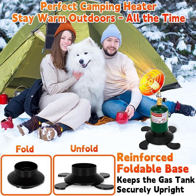 Portable Propane Heater for Camping, Outdoor Small Space Patio Heater with Control Valve, Radiant Cordless Garage Tent Heaters with Foldable Gas Tank Holder for Hiking Ice Fishing Hunting Backyard