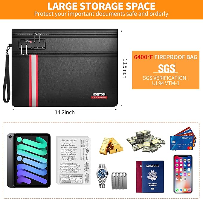 HONTOM Fireproof Document Bag,6400℉ Upgraded Material Fireproof Water Resistant Money Bag with Lock,Home Fire Safe Storage Bag Pouch for Letter Size Documents,Passport and Cards