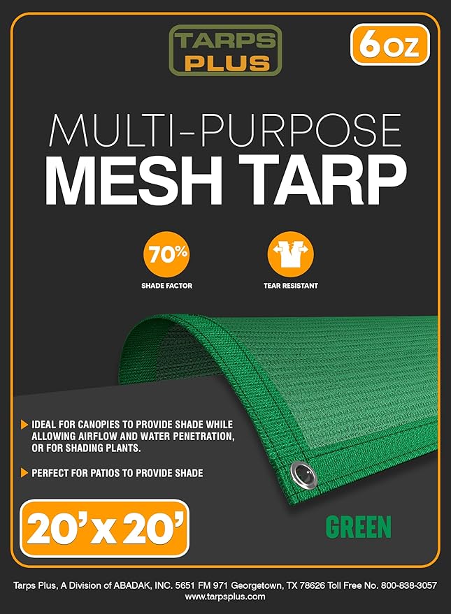 UV Resistant Green Mesh Tarps 20' x 20' - Rip & Tear Proof Resistant Polyethylene Mesh for Plant Garden, Greenhouse House Patio, Car, Truck, Boat or RV, 70% Sunblock Shade