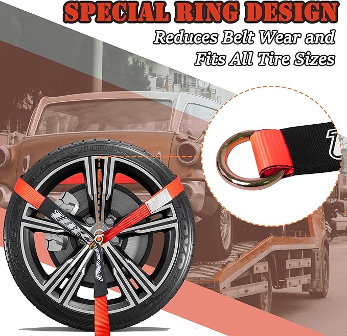 4 Pack Car Tie Down Straps for Trailers with Heavy Duty Chain Anchors 2" x 96" - 3,300 lbs Safe Working Load -Adjustable Wheel Straps with Chain Hook Anchors for Trailers.Red