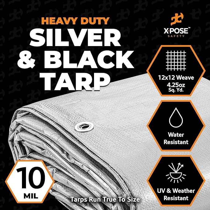 Heavy Duty Poly Tarp - 30' x 40' - 10 Mil Thick Waterproof, UV Blocking Protective Cover - Reversible Silver and Black - Laminated Coating - Grommets - by Xpose Safety
