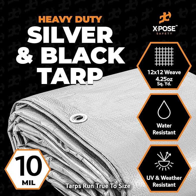 Heavy Duty Poly Tarp - 10 Mil Thick Waterproof, UV Blocking Protective Cover - Reversible Silver and Black - Laminated Coating - Grommets - by Xpose Safety (20 Feet x 40 Feet)