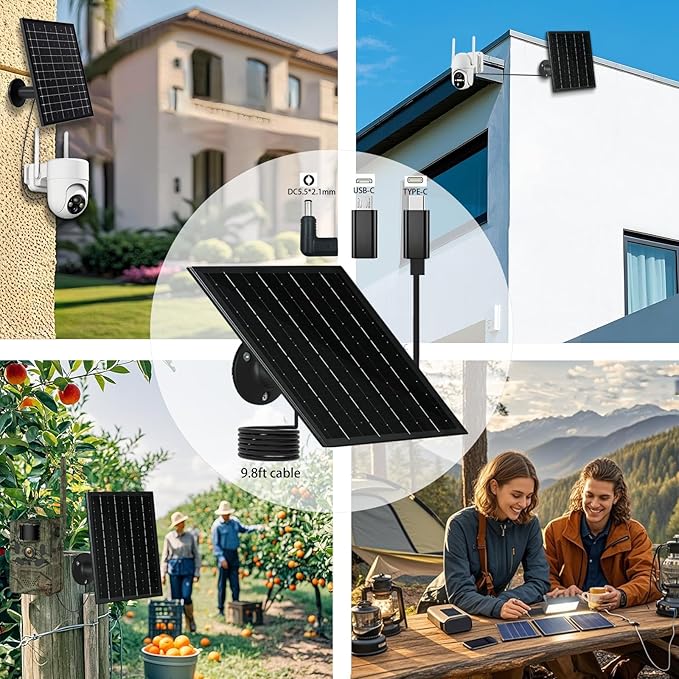 Solar Panel for Security Camera 5V 6W USB Solar Panel Charger Type-C Port、Micro USB Port＆DC Port Solar Sanels for Cameras with 9.8ft Charging Cable Charging Power IP65 Waterproof (2 Pack Black)