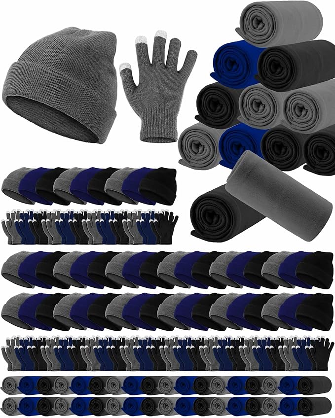 Panitay 150 Pcs Homeless Care Package Supplies Bulk Hats Gloves Fleece Blankets for Men Women Homeless Donating Supplies