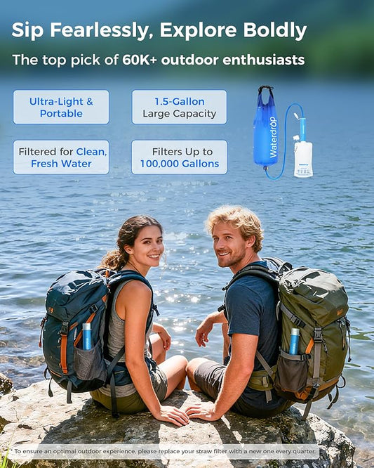 Waterdrop Gravity Water Filter Straw, Camping Water Filtration System, Water Purifier Survival for Travel, Backpacking and Emergency Preparedness, 1.5 gal Bag, 0.1 Micron, 5 Stage Filtration
