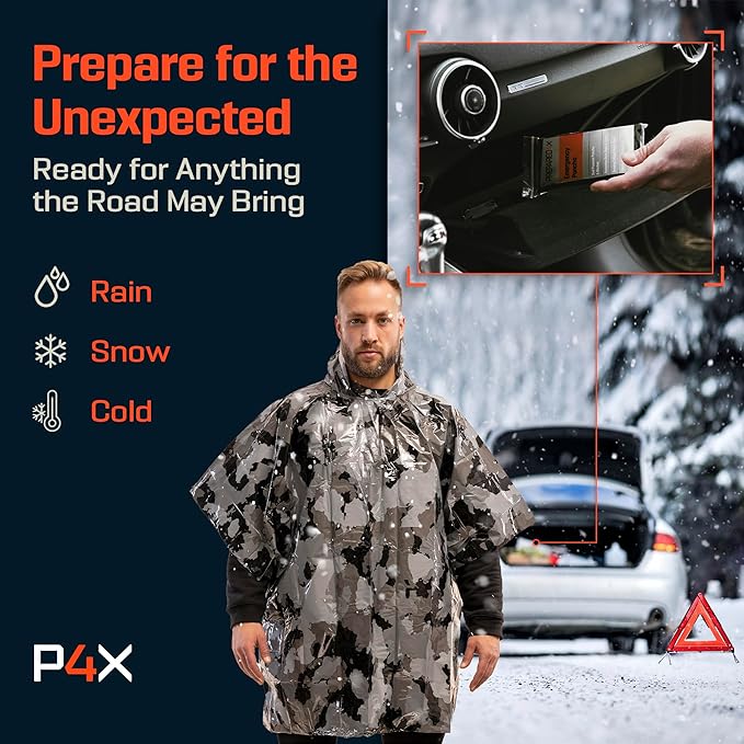 PREPARED4X Emergency Poncho and Mylar Blanket Liner - Waterproof, Wind-Resistant Outdoor Rain Poncho for Camping, Emergencies
