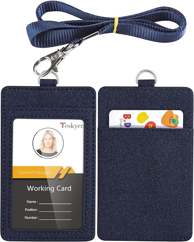 Teskyer Badge Holder with Lanyard, Leather ID Name Badge Card Holder with Lanyard for ID Badges, Vertical, Starry Blue