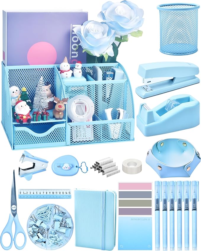 Blue Desk Accessories, 26Pcs Office Supplies and Desk Organizers, with Tape Dispenser, Stapler, Staple Remover, Ect, Christmas Gifts