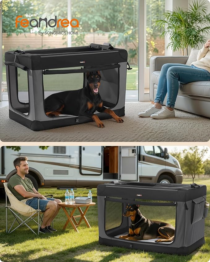 Feandrea Collapsible Dog Crate, 44-Inch Portable Dog Travel Crate for Extra Large Dogs, Oxford Fabric Pet Carrier with 4 Mesh Doors, Handles, Storage Pocket, Water Bottle Holder, Ink Black UPDC022BH01