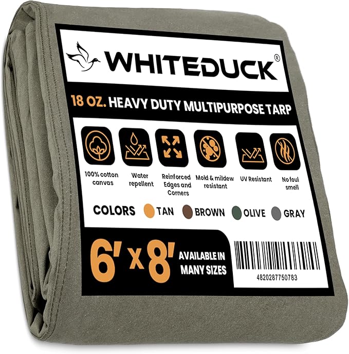 WHITEDUCK Canvas Tarp 18 oz. Heavy Duty Waterproof UV Resistant, Rustproof Grommets, Industrial & Commercial Use Cloth Tarp (Cut Size: 12'x24', Finished Size: 11'6" x23'6", Olive Drab)