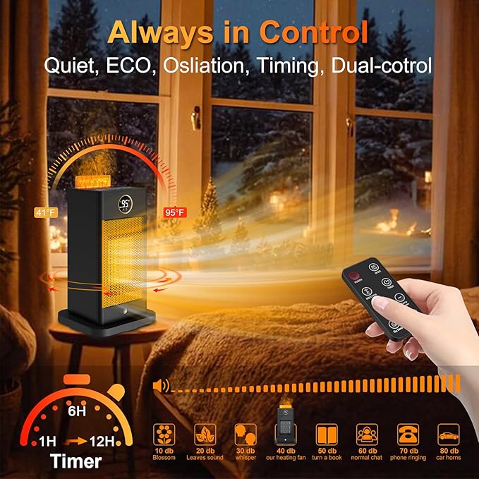 Space Heater, Space Heaters for Indoor Use with Humidifier/Sensor/ECO/3D Flame Effect/Thermostat/Timer/Oscillating, PTC Fast Electric Heaters, Quiet Portable Room Heaters for Bedroom/Office/Home