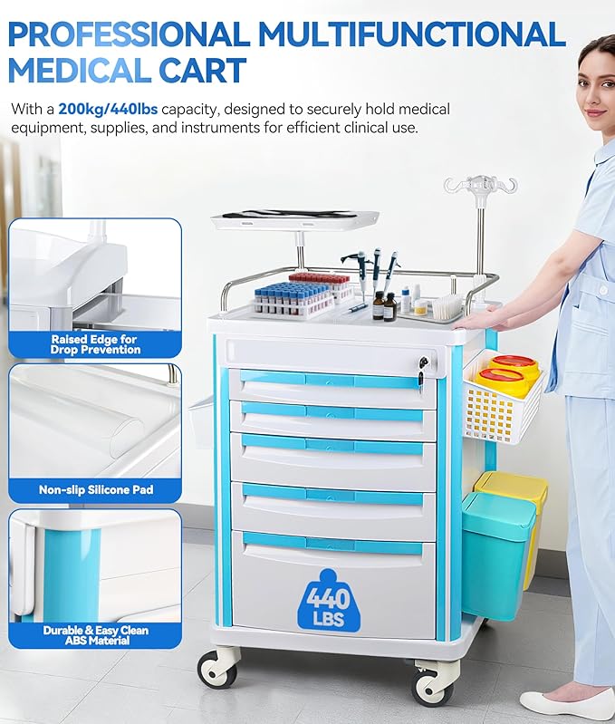 Medical Rolling Storage Crash Cart with Wheels & Drawers, Hospital Mobile Ultrasound cart with 5 Drawers & Power Strip,IV Pole,Needle Disposal,O2 Holder,Nursing Emergency Cart for Hospital, Clinic