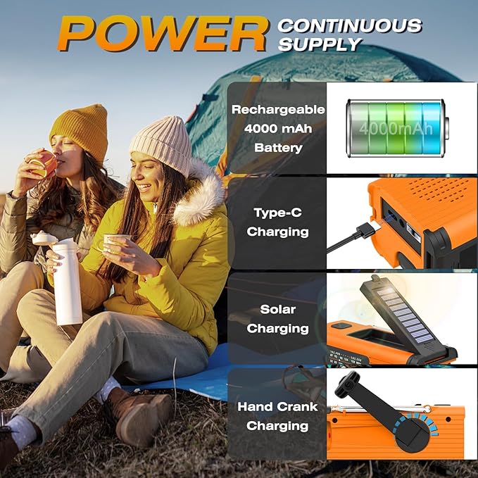 Emergency Weather Radio NOAA/AM/FM with 4000mAh Portable Radio, USB/Solar/Hand Crank Charging, LED Flashlight, Lamp, SOS Alarm, Radios for Outdoor Indoor Hurricane Survival Essentials, 2 Pack