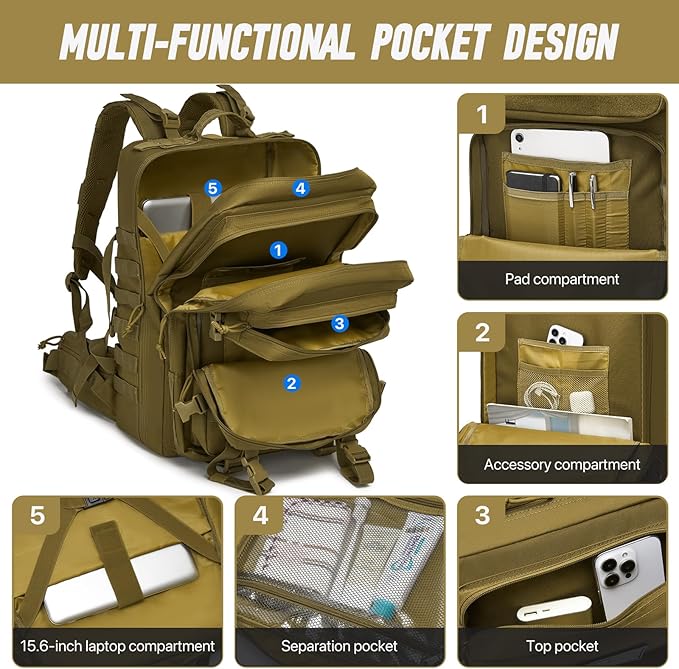 Tactical Backpack for Men, Water Resistant 45L Military Backpack, for Hiking, Camping, Gym with Molle System