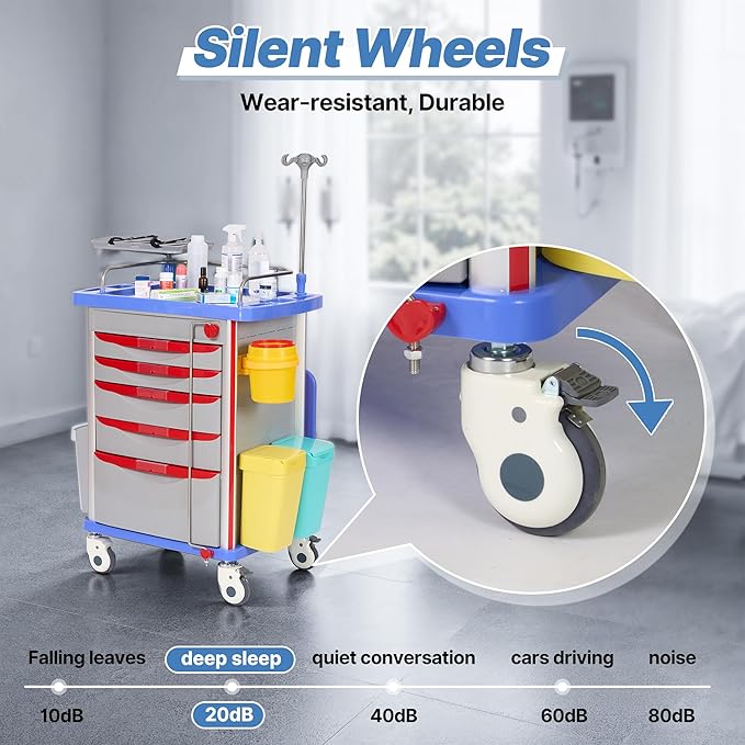 Careboda Medical Crash Cart with Drawers, Emergency Rolling Cart with Silent Casters, Adjustable IV Pole, Power Strips, ABS Trash Bin, O2 Holder, for Hospitals, Clinic, Nursing Centers, 350lbs