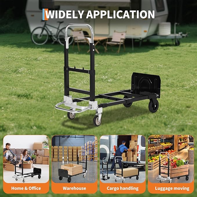 2 in 1 Convertible Hand Truck Dolly, 660 LBS Load Capacity Folding Cart with Wheels, Elastic Straps, Carbon Steel Collapsible Dolly Cart for Home, Warehouse, Supermarket, Office