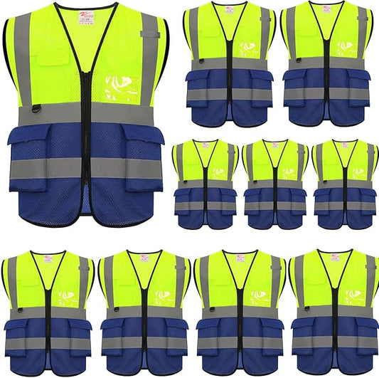 zojo High Visibility Safety Vests With Pockets, Pack of 10,Wholesale Reflective Vest for Outdoor Works, Cycling, Jogging, Walking,Sports - Fits for Men and Women(XL- Mesh-Mix Yellow & Blue)