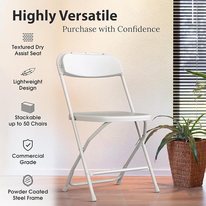 9 PACK White Foldable Plastic Chair | Folding & Stackable | 350 lbs Capacity Steel Frame Seats for Indoor Outdoor | Commercial Use Events Wedding Party Events Bulk Picnic Kitchen Dining