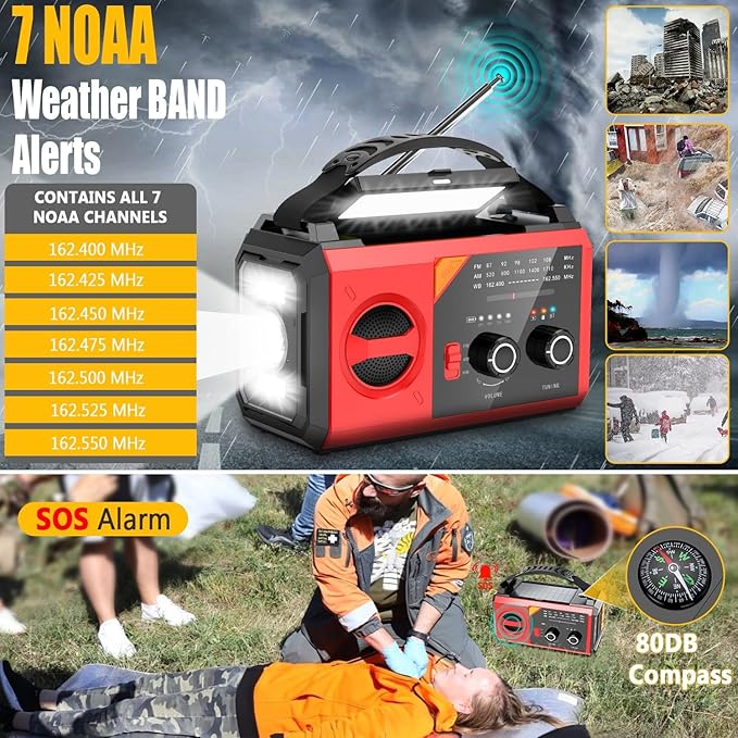 20000mAh Emergency Weather Radio with Wireless Speaker, 74000mWh NOAA/AM/FM Hand Crank Solar Radio with Flashlight Cell, Phone Charger, Compass, Reading Lamp, SOS Alarm
