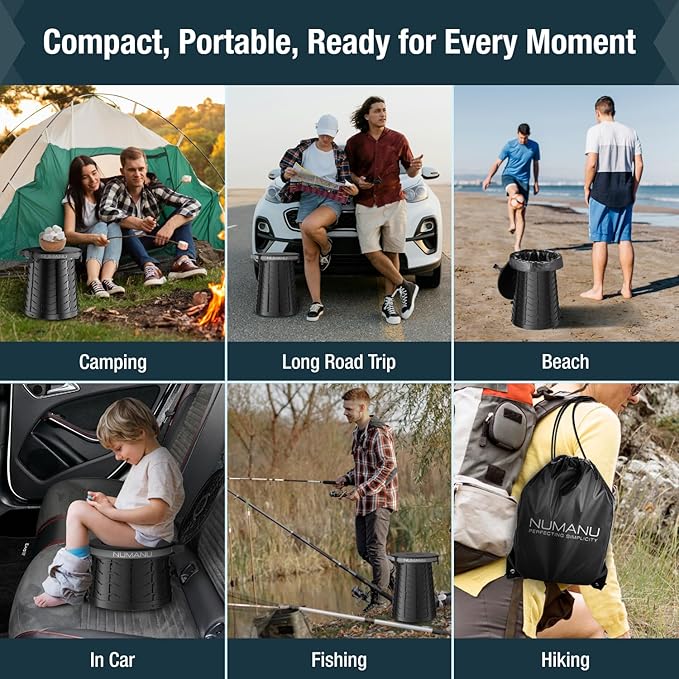 NUMANU 19.7" XXL 3IN1 Portable Toilet, Stool, Trash Can | Adjustable Height Portable Potty, Foldable Travel Toilet with Lid & Waste Bags, Outdoor Travel Potty, Pop Up Camping Toilet for Adults & Kids