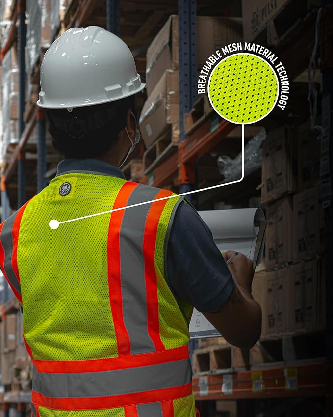 GE Multi-Functional Safety Vest Expandable 5-Point Breakaway High Visibility with Zipper Pockets, Class 2